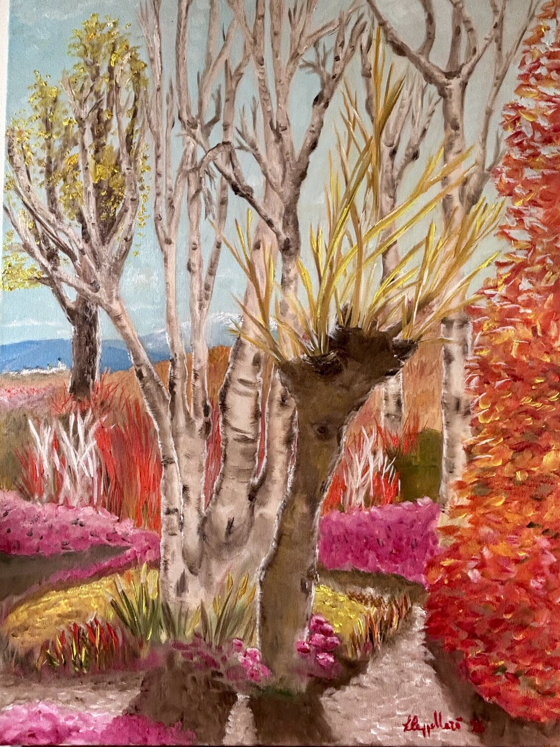Giardino autunnale con betulle ed eriche Luisa Cappellari Dipinto originale in vendita