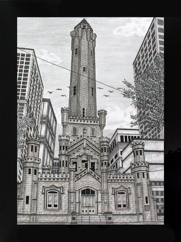 Historic Water Tower in Chicago, Illinois, USA by Russell Garn, Drawing for Sale on Singulart