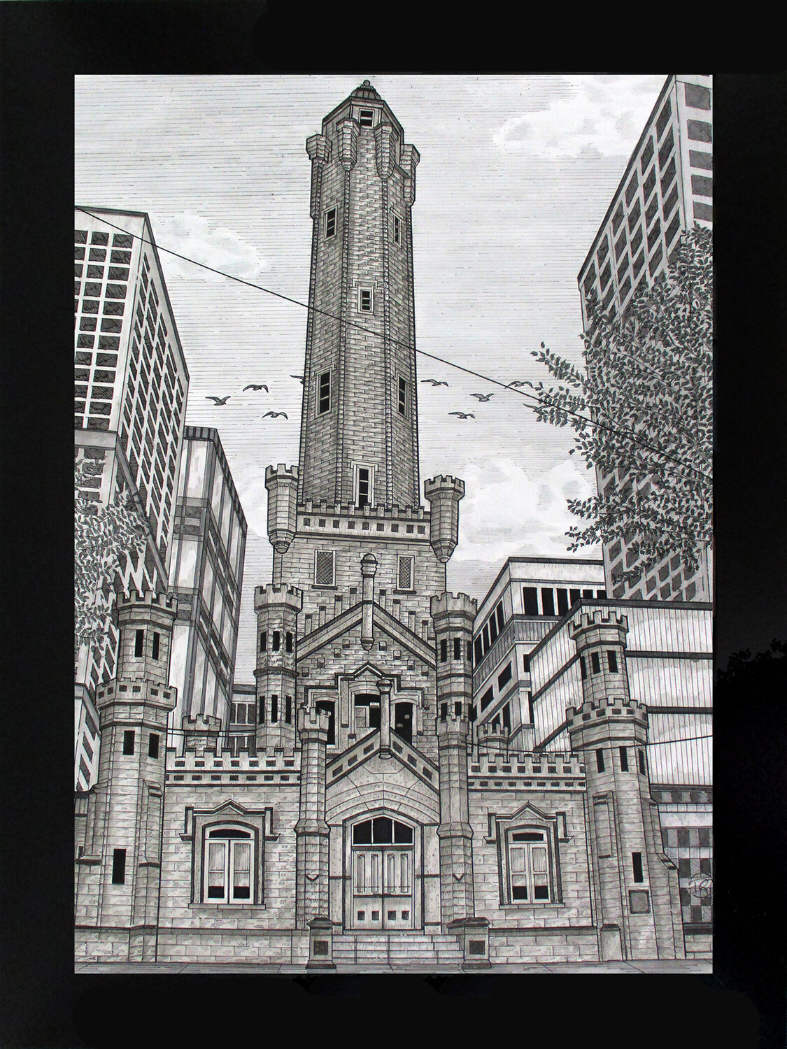 Historic Water Tower in Chicago, Illinois, USA Russell Garn Disegno in vendita