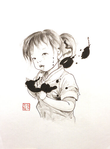 Small girl with blobs of ink by Marcin Filip Banasik, Drawing for Sale on Singulart