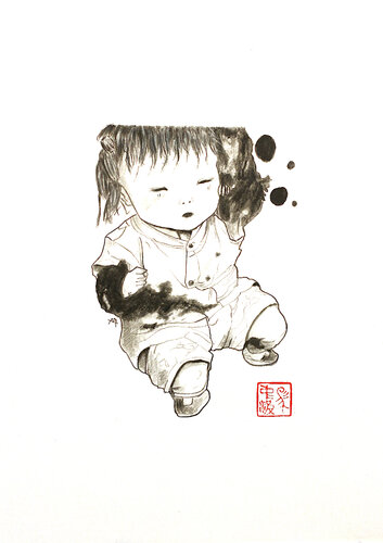 Small girl with blobs of ink by Marcin Filip Banasik, Drawing for Sale on Singulart