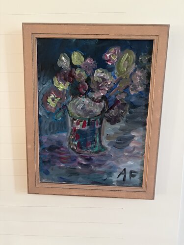 Fleurs noires dans un cadre rose von Anouchka Freud (nom d'artiste), Malerei kaufen auf Singulart