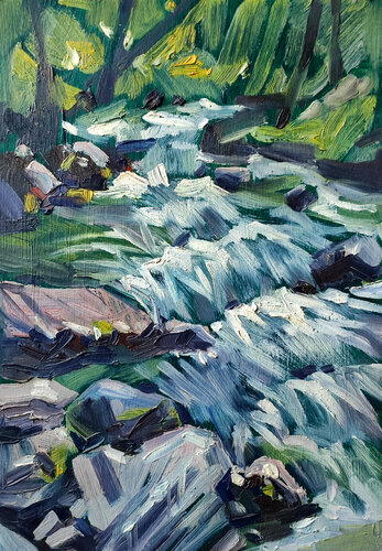 Small forest waterfall by Natalia Miasnikova, Painting for Sale on Singulart