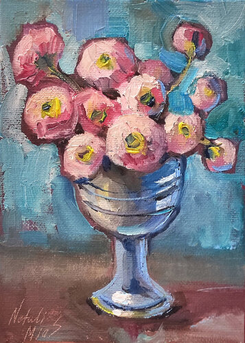 Pink Blossoms in a Silver Vase by Natalia Miasnikova, Painting for Sale on Singulart