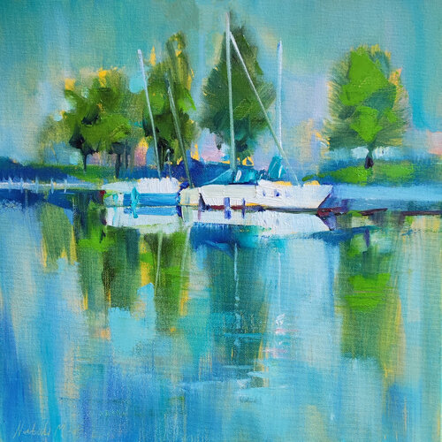 Yachts on the Lake — Original Oil Painting von Natalia Miasnikova, Malerei kaufen auf Singulart
