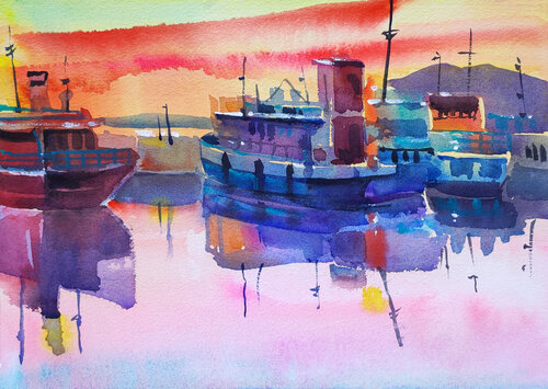 Sunset on the Lake — Watercolor Painting de Natalia Miasnikova, Pintura a la venta en Singulart