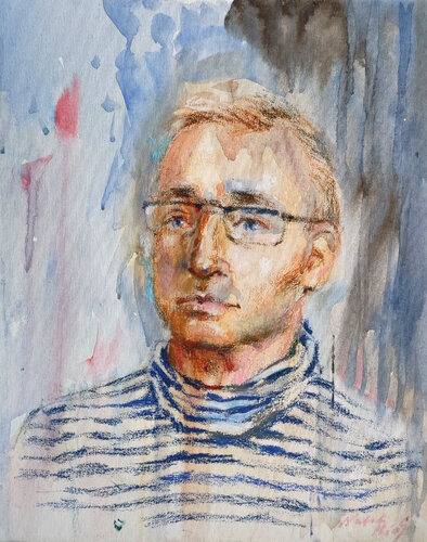 Man in a Striped Shirt - Original painting by Natalia Miasnikova, 絵画 for Sale on Singulart