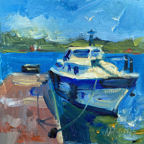 Boat at Marina - original oil painting de Natalia Miasnikova, Pintura a la venta en Singulart
