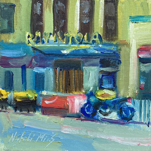 Urban Street Scene - Motorcycle by Restaurant van Natalia Miasnikova, Schilderij te koop op Singulart