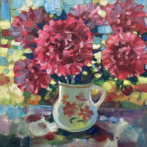 Burgundy Peonies in Vintage Jug de Natalia Miasnikova, Pintura a la venta en Singulart