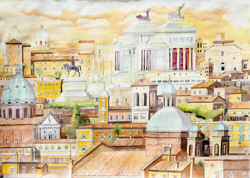 panorama dei tetti di Roma e Vittoriale van Pierre David Cavallari, Schilderij te koop op Singulart