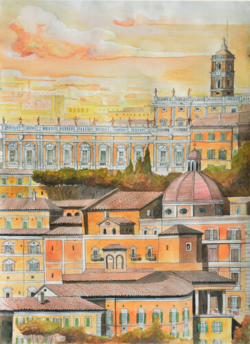 panorama dei tetti di Roma e palazzo dei Conservatori par Pierre David Cavallari, Œuvre sur papier en vente sur Singulart