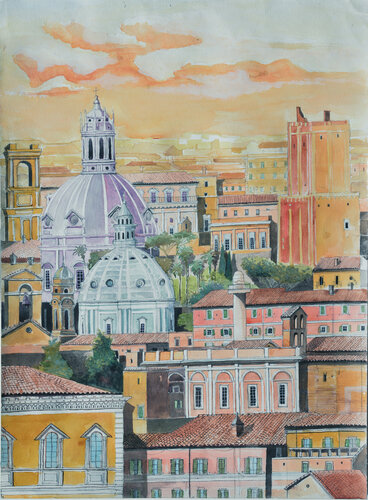 panorama dei tetti di Roma e chiese de Pierre David Cavallari, Pintura a la venta en Singulart