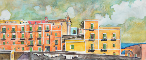 Isola di Ventotene veduta del pozzillo e abitazioni by Pierre David Cavallari, Painting for Sale on Singulart