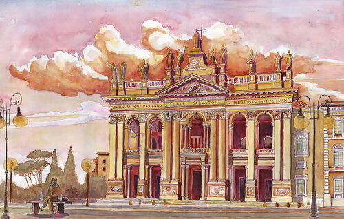 San Giovanni in Laterano tramonto rosso van Pierre David Cavallari, Schilderij te koop op Singulart