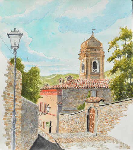 campanile a Serra San Quirico di Pierre David Cavallari, Pittura in vendita su Singulart