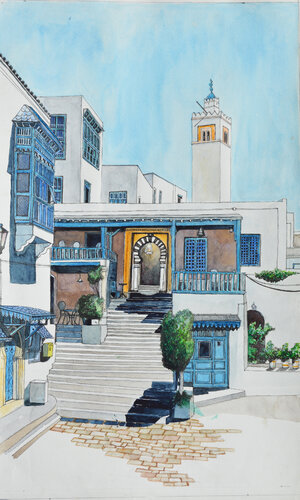 Café des Nattes Sidi Bou Said by Pierre David Cavallari, Painting for Sale on Singulart
