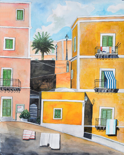 scalette piazza chiesa Ventotene by Pierre David Cavallari, Painting for Sale on Singulart