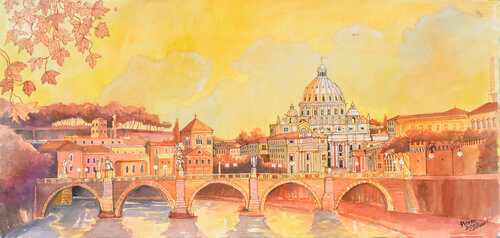 ponte degli angeli sul Tevere,e San Pietro by Pierre David Cavallari, Painting for Sale on Singulart