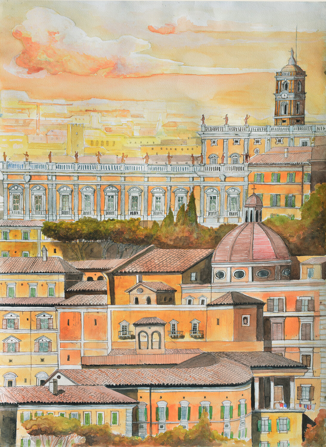 panorama dei tetti di Roma e palazzo dei Conservatori Pierre David Cavallari Werk auf Papier zu verkaufen
