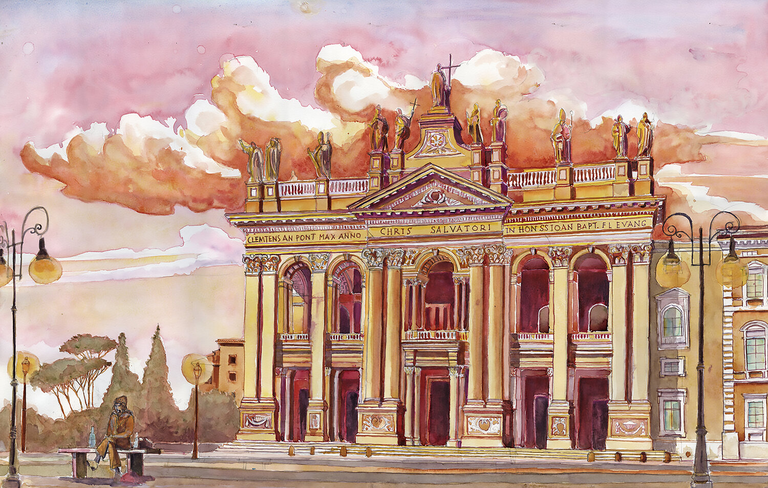 San Giovanni in Laterano tramonto rosso Pierre David Cavallari Originalgemälde zu verkaufen