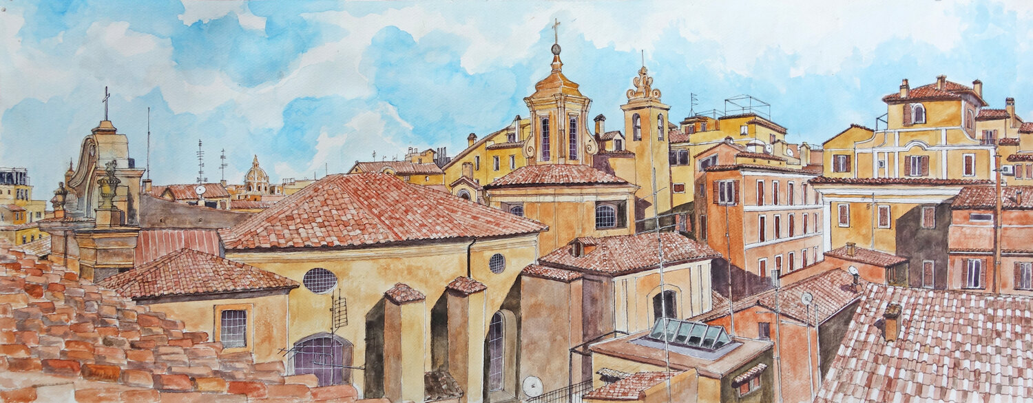 Tetti di Roma Pierre David Cavallari Origineel schilderij te koop