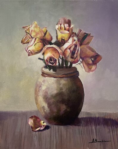 Jarrón con rosas amarillas par Mª Angeles Sánchez Buendía, Peinture en vente sur Singulart