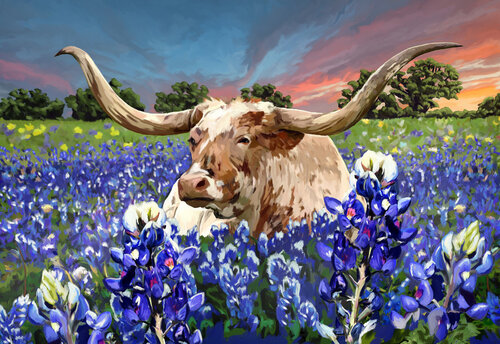 texas-longhorn-in-bluebonnets C 32x22 par Tim Gilliland, Digital en vente sur Singulart