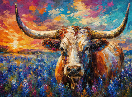 Where Texas Begins Longhorn in bluebonnets C 60x44 van Tim Gilliland, Digitaal te koop op Singulart
