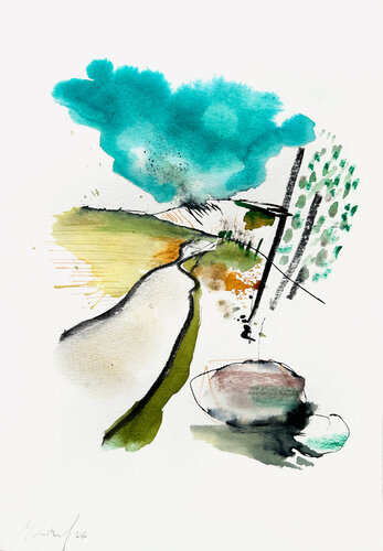 Contemporary ink/watercolor landscape of Flanders - Naturaleza 100526 par Isabelle Van Brussel, Œuvre sur papier en vente sur Singulart