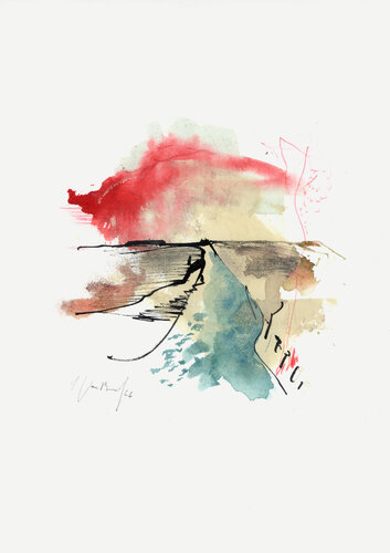 Contemporary ink/watercolor landscape of Flanders - Naturaleza 070526 par Isabelle Van Brussel, Œuvre sur papier en vente sur Singulart
