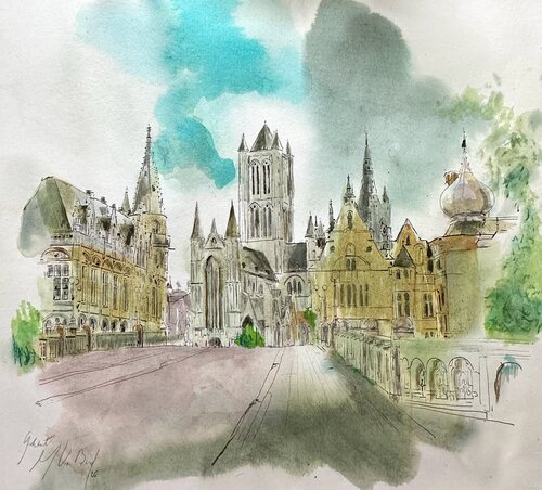 Cityscape GHENT, watercolor on paper by Isabelle Van Brussel, 紙の作品 for Sale on Singulart