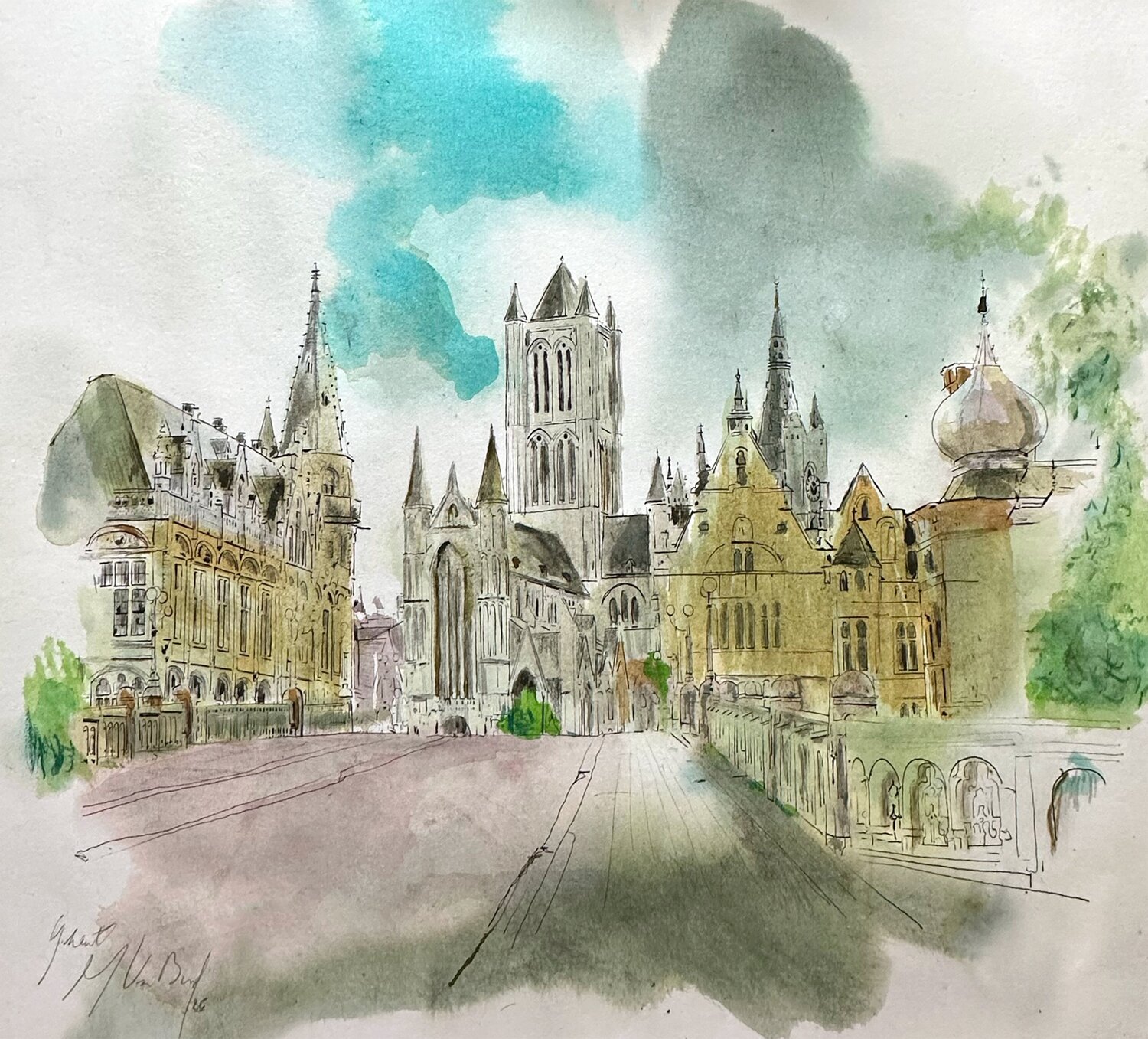 Cityscape GHENT, watercolor on paper Isabelle Van Brussel Werk auf Papier zu verkaufen