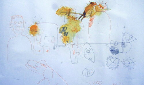 T-Rex, others and a mechanic duck on paper by Reinhard Stammer, Work on Paper for Sale on Singulart