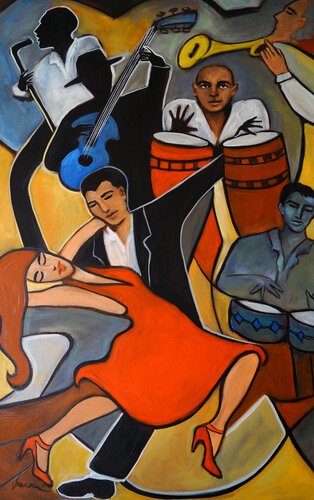 Red Dress, Blue Bongos di Valerie Vescovi, Pittura in vendita su Singulart