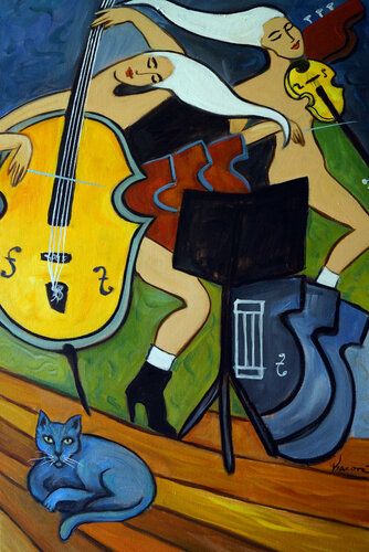 Blue Cat, Yellow Cello von Valerie Vescovi, Malerei kaufen auf Singulart