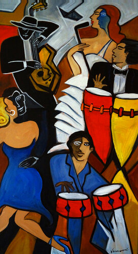 Vestido Azul, Bongos Rojos di Valerie Vescovi, Pittura in vendita su Singulart