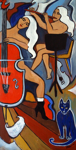 Violoncelle Rouge, Flûtiste aux Pieds nus, Chat Bleu von Valerie Vescovi, Malerei kaufen auf Singulart