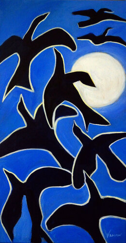 Corbeaux au Clare de Lune van Valerie Vescovi, Schilderij te koop op Singulart