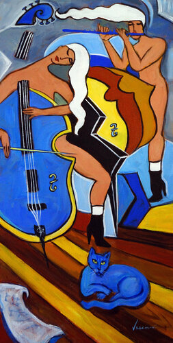 Musicians with Bleu Cat von Valerie Vescovi, Malerei kaufen auf Singulart