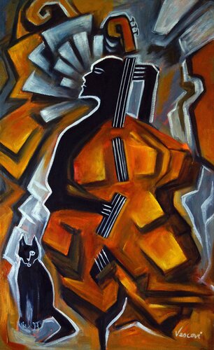 Le Bassiste avec un Chat di Valerie Vescovi, Pittura in vendita su Singulart