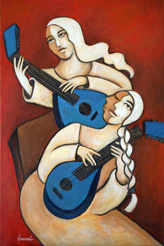 Lutes with a Red Background von Valerie Vescovi, Malerei kaufen auf Singulart