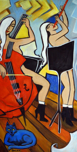 Red Flute, Blue Cat di Valerie Vescovi, Pittura in vendita su Singulart