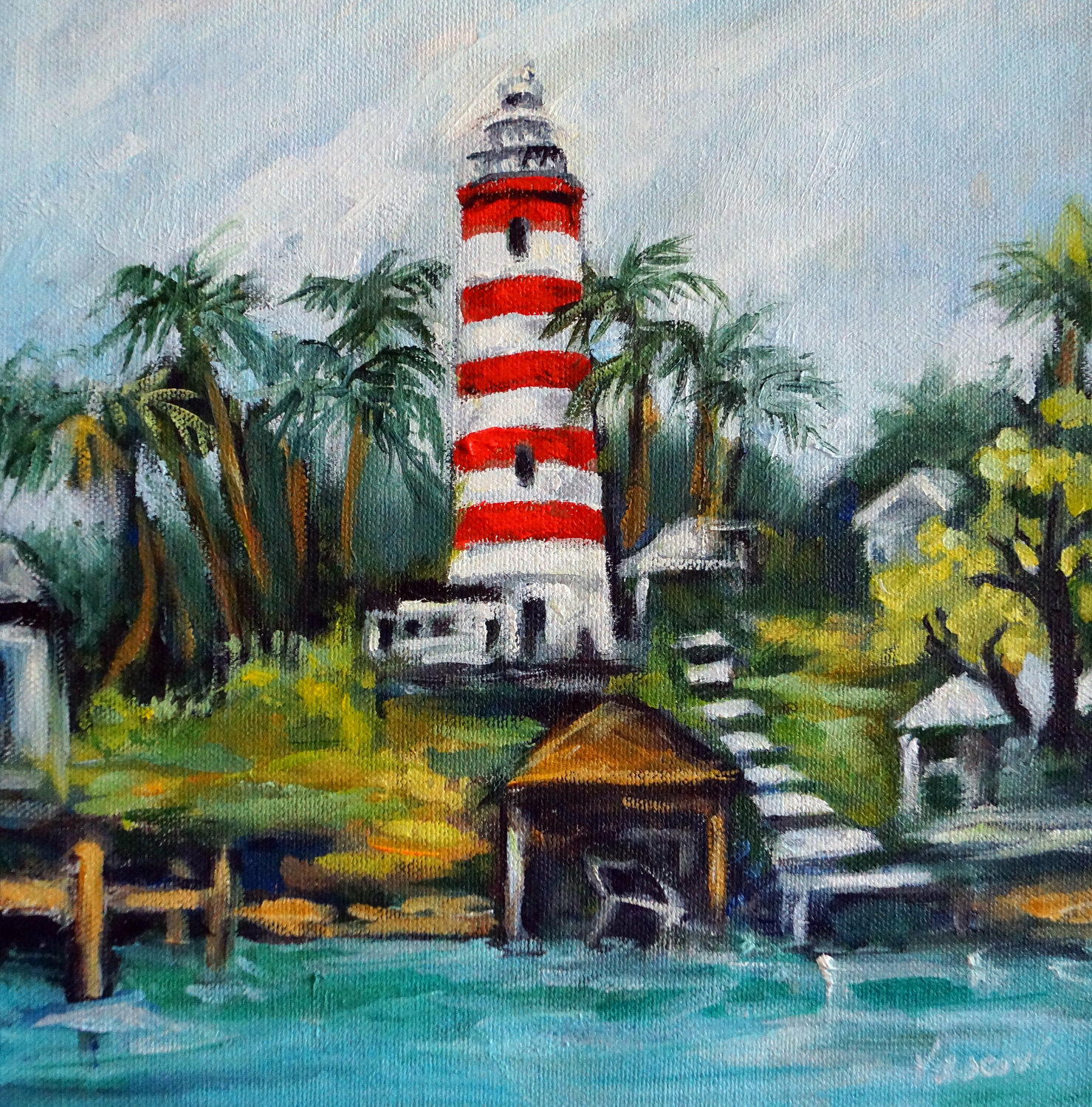 Lighthouse, Hope Town, Abacos Bahamas Valerie Vescovi Originalgemälde zu verkaufen
