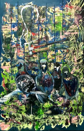 Four Pigeons par Jacek Lazuka, Peinture en vente sur Singulart