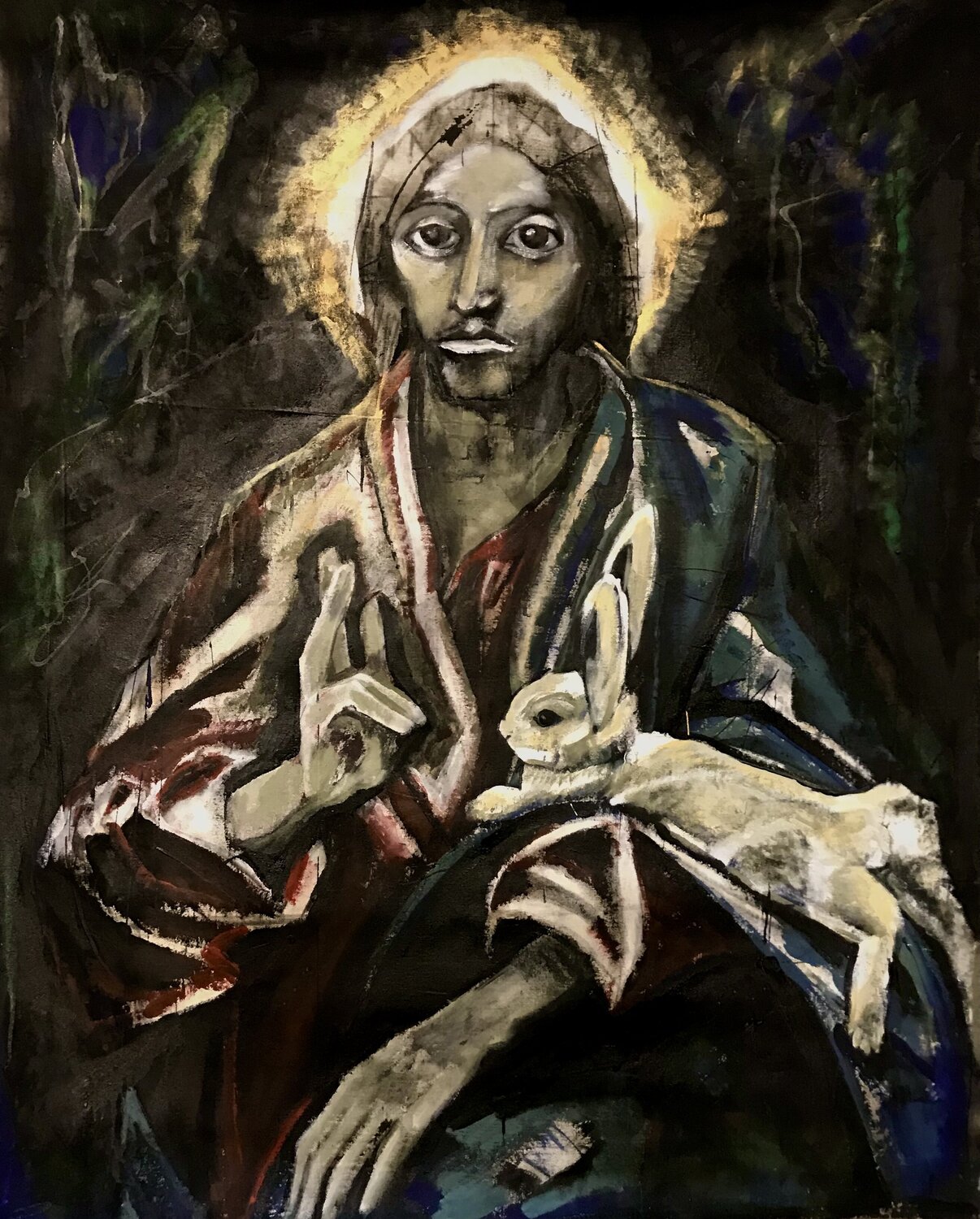 Jesus with Bunny Jacek Lazuka Origineel schilderij te koop
