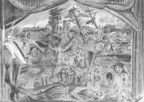 HEALER KNOWN TO BRIAN BORU, SET IN MUNSTER 11th C., market scene. €1300 by Lámhaoise Loomes, Drawing for Sale on Singulart