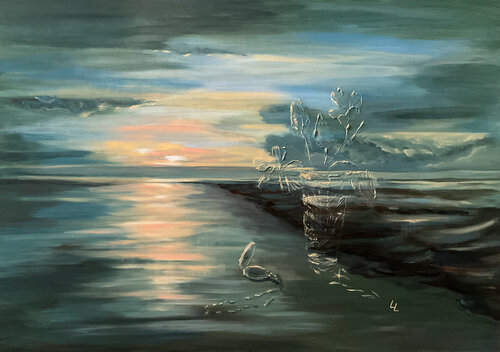 Where Time Dissolves into the Sea – Tulips Still Life Seascape van Lyubov Lavrukhina, Schilderij te koop op Singulart