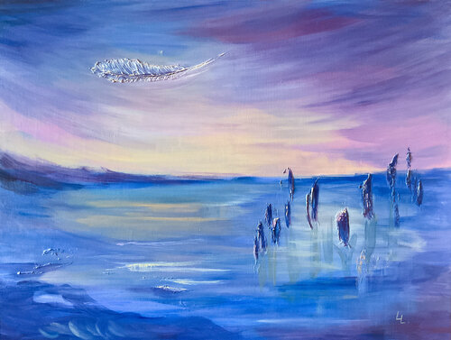 Where the feather touches the sea – Dreamy Seascape Wall Art by Lyubov Lavrukhina, Painting for Sale on Singulart