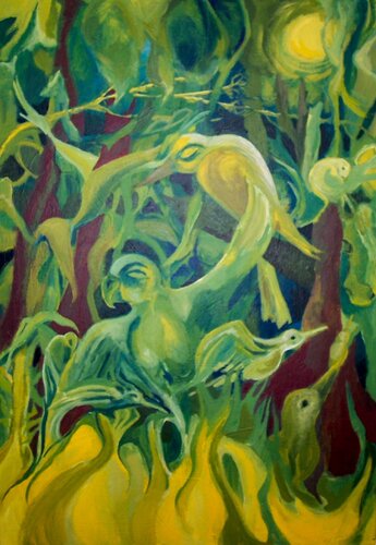 Jungle birds - Limitierte Edition / Fine Art Print eines Ölgemäldes auf Leinwand by Telse Gunhild Weinreich, Print for Sale on Singulart